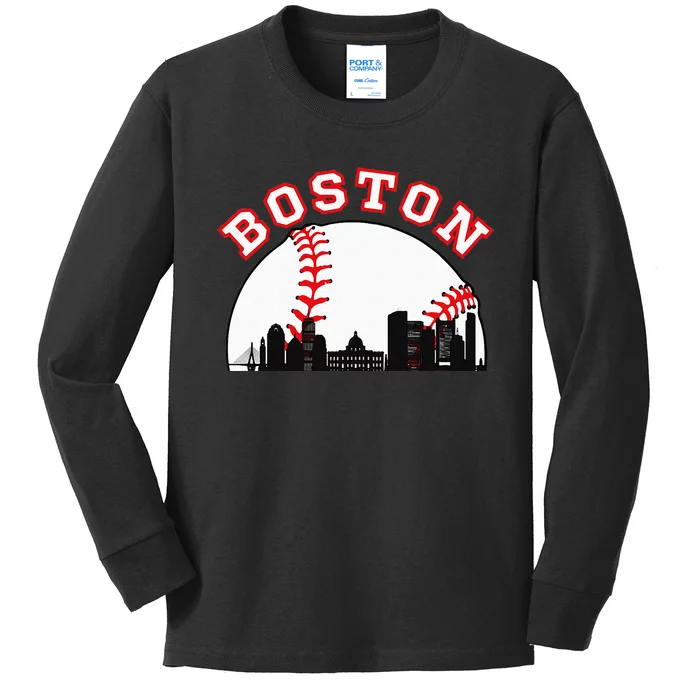 Boston Baseball Boston MA Cityscape BOS Skyline Kids Long Sleeve Shirt