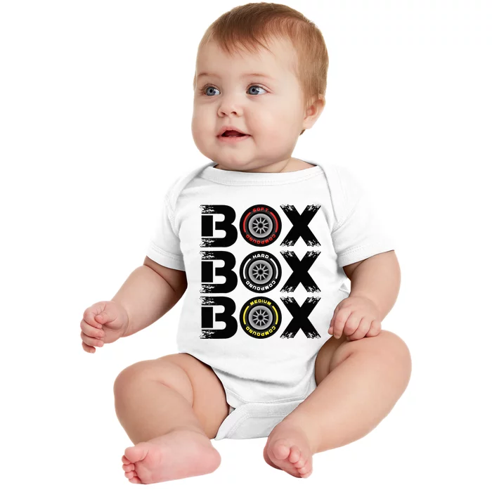 Box Box Box F1 Tyre Compound V2 Design Car Lover Baby Bodysuit