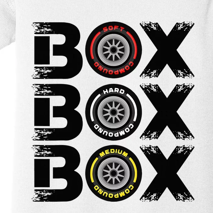 Box Box Box F1 Tyre Compound V2 Design Car Lover Baby Bodysuit