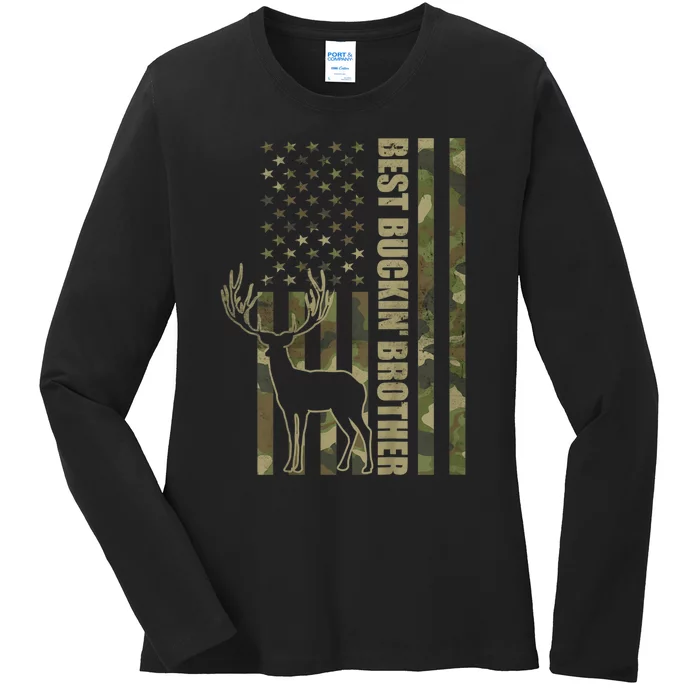 Best Buckin Brother Camo American Flag Ladies Long Sleeve Shirt