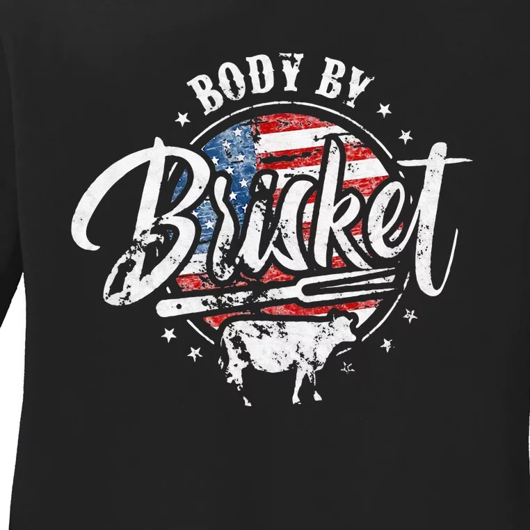 Body By Brisket USA Flag Patriotic Barbeque 4th Of July Ladies Long Sleeve Shirt