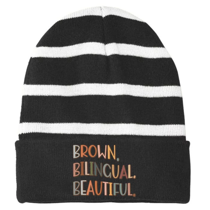 Brown Bilingual Beautiful Hispanic Heritage Month Striped Beanie with Solid Band