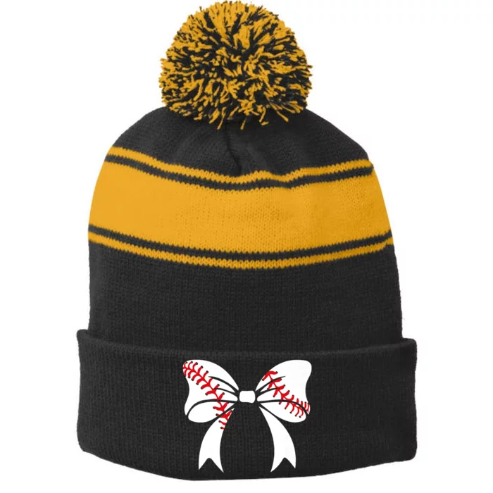 Baseball Bow Baseball Mom Mothers Day Women Baseball Mama Stripe Pom Pom Beanie