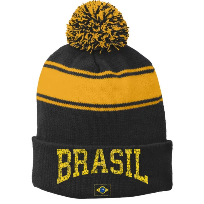 Brazil Brasil Brazilian Flag Green Stripe Pom Pom Beanie