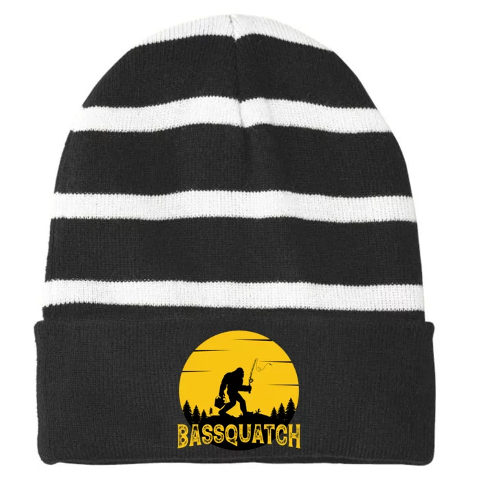 Bassquatch Bigfoot Bass Fishing Striped Beanie with Solid Band