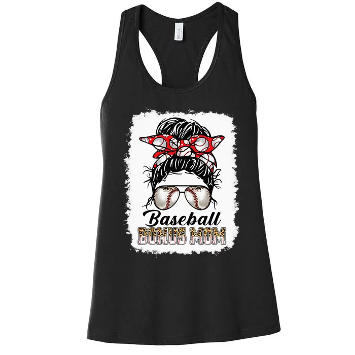 Bleached Baseball Bonus Mom Messy Bun Game Day Mothers Day Women's Racerback Tank