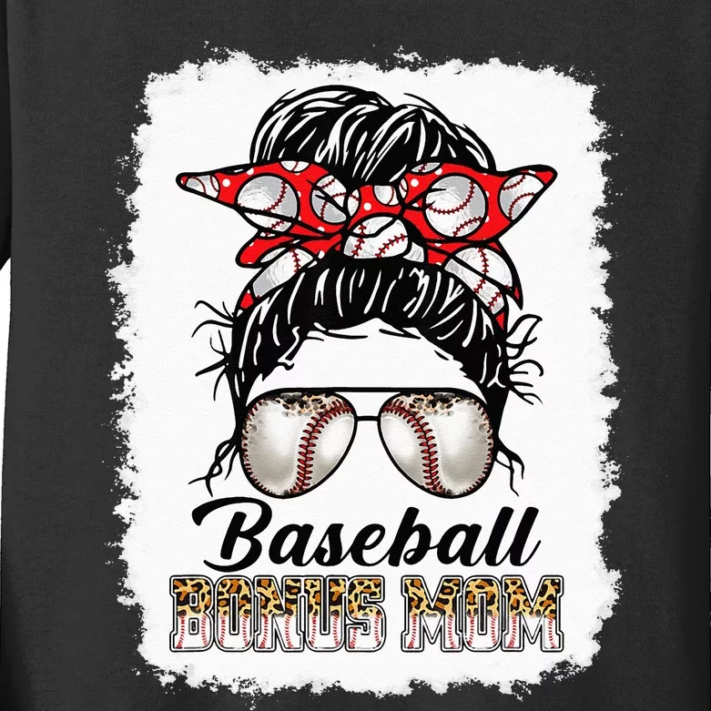 Bleached Baseball Bonus Mom Messy Bun Game Day Mothers Day Kids Long Sleeve Shirt