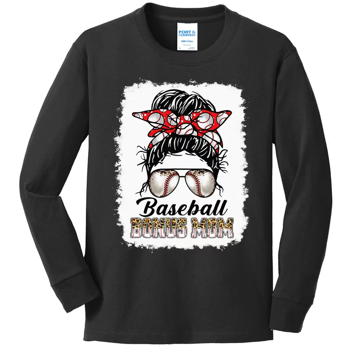 Bleached Baseball Bonus Mom Messy Bun Game Day Mothers Day Kids Long Sleeve Shirt