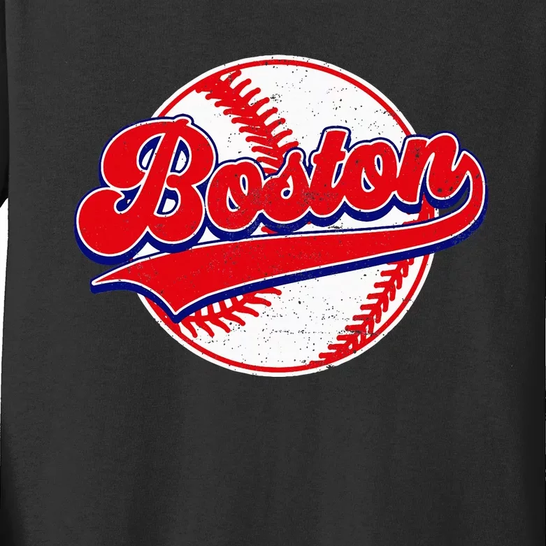 Boston Baseball Cityscape Distressed Women Kids Long Sleeve Shirt