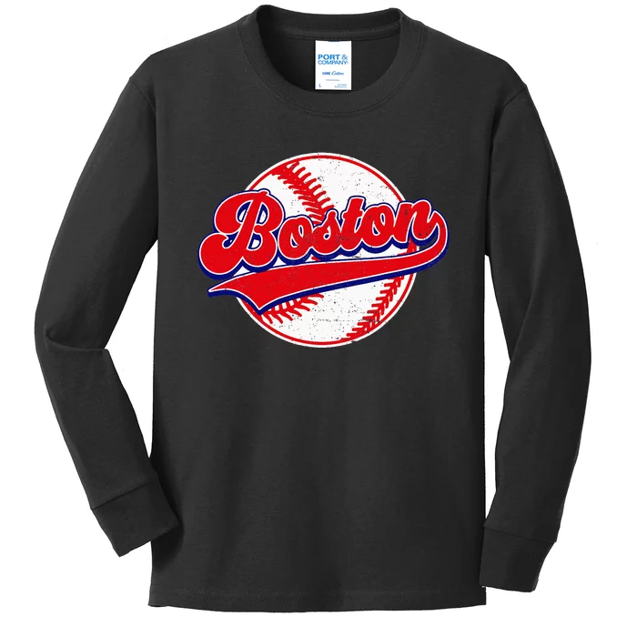 Boston Baseball Cityscape Distressed Women Kids Long Sleeve Shirt