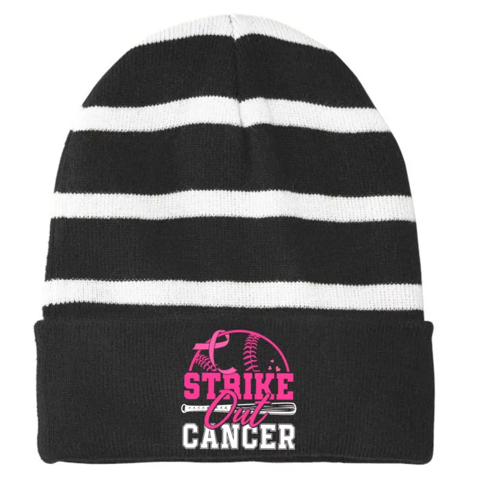 Baseball Breast Cancer Strike Out Cancer Awareness Month Striped Beanie with Solid Band