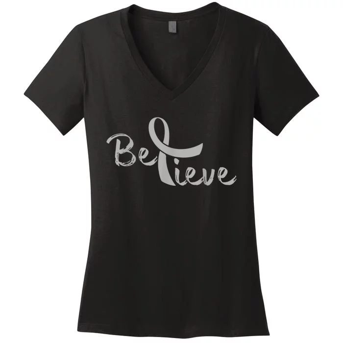 Believe Brain Cancer Brain Cancer Support Women's V-Neck T-Shirt