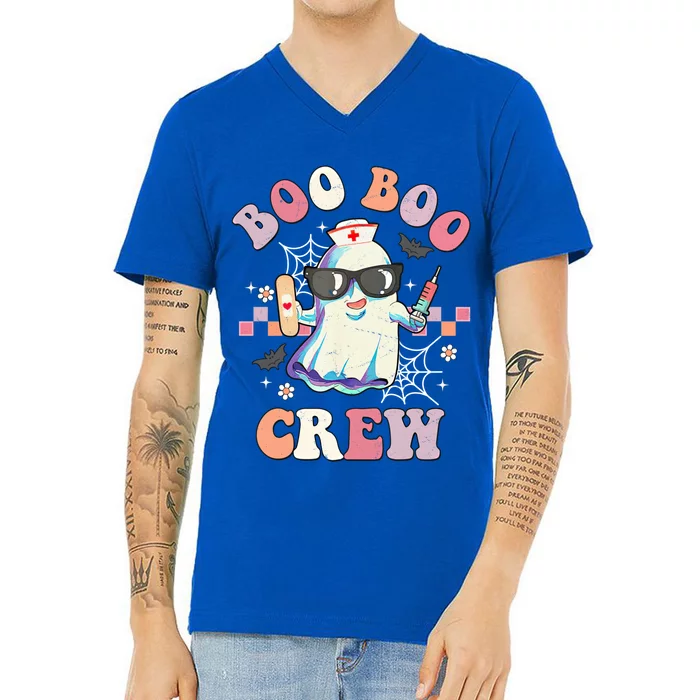 Boo Boo Crew Nurse Halloween Ghost Groovy Retro Matching Gift V-Neck T-Shirt