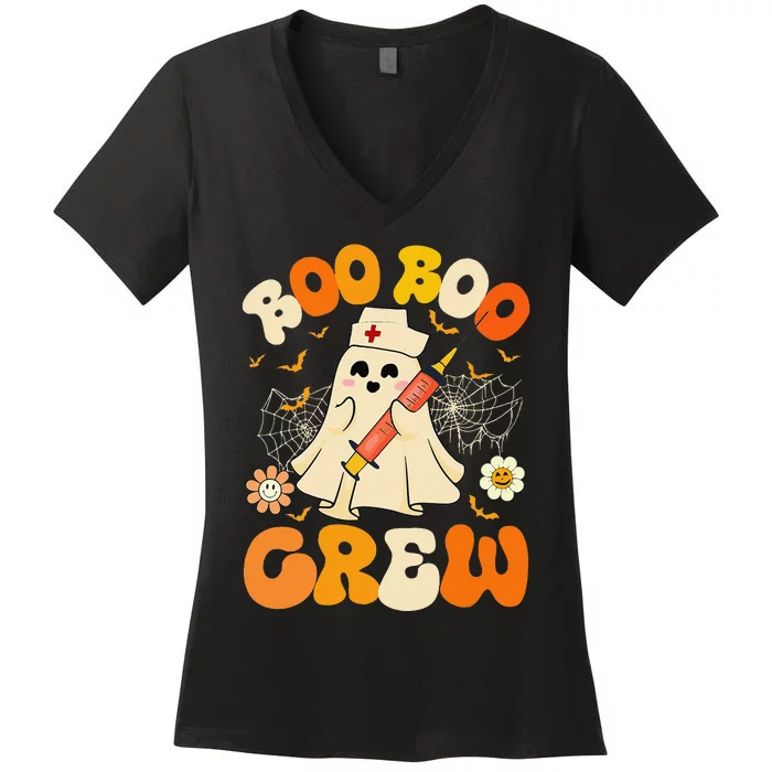 Boo Boo Crew Funny Ghost Nurse Retro Halloween Nursing Gift Women's V-Neck T-Shirt