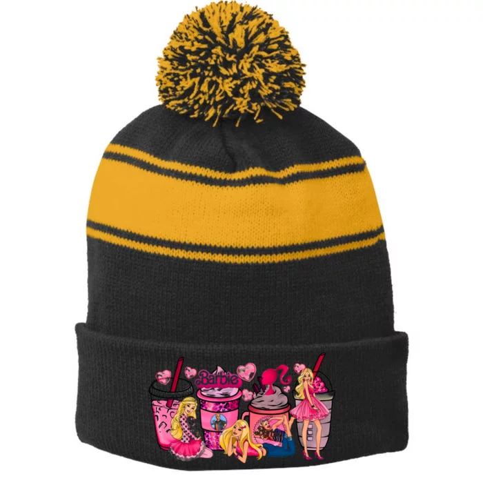 Bar Bie Coffee Come On Lets Go Party Lover Stripe Pom Pom Beanie