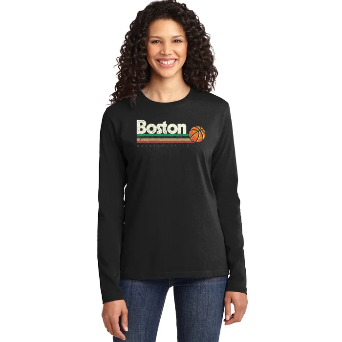 Basketball Boston City Bball Retro Stripes Ladies Long Sleeve Shirt