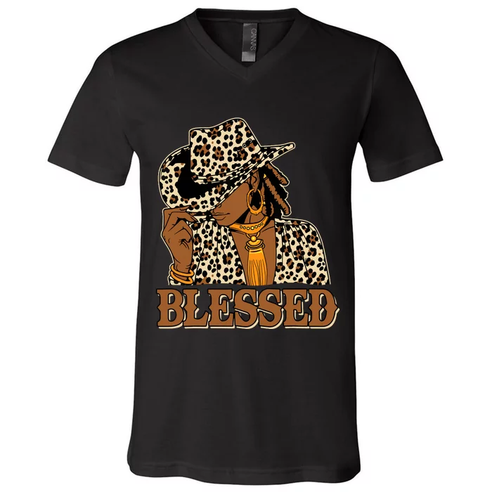 Blessed Black Cowgirl Western Swag African Christian Woman V-Neck T-Shirt