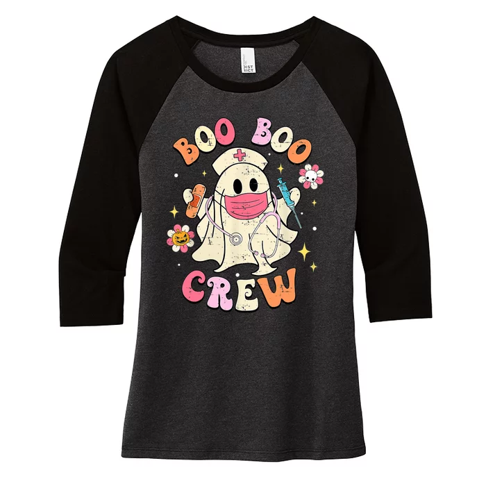 Boo Boo Crew Halloween Ghost Nurse Groovy Women's Tri-Blend 3/4-Sleeve Raglan Shirt