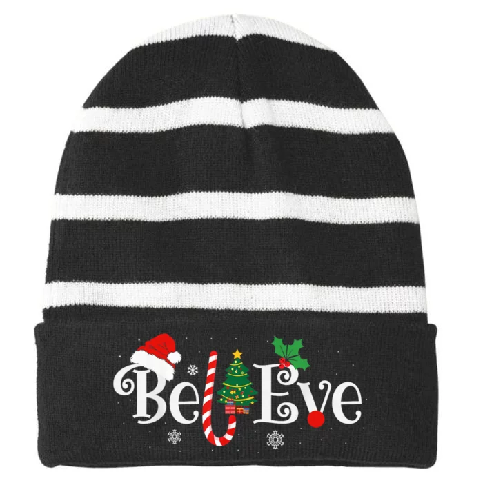 BEST BELIEVE CHRISTMAS PAJAMA SHIRT EVER Xmas Family Funny Striped Beanie with Solid Band