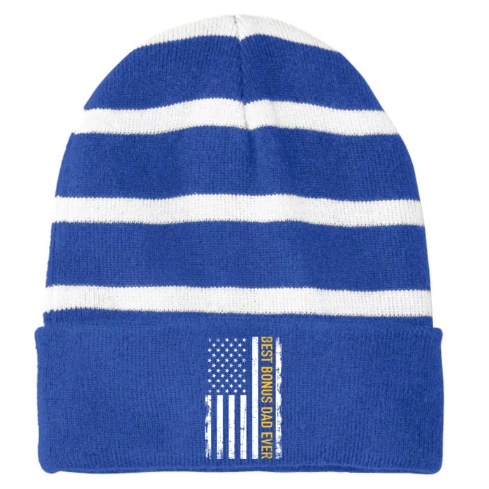 Best Bonus Dad Ever With Us American Flag Gift Striped Beanie with Solid Band