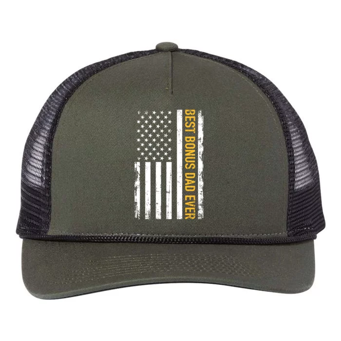 Best Bonus Dad Ever With Us American Flag Gift Retro Rope Trucker Hat Cap