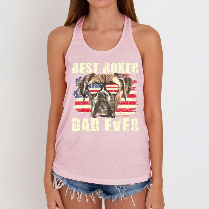 Best Boxer Dad Ever USA Flag American Dog Animal Lover Women's Knotted Racerback Tank