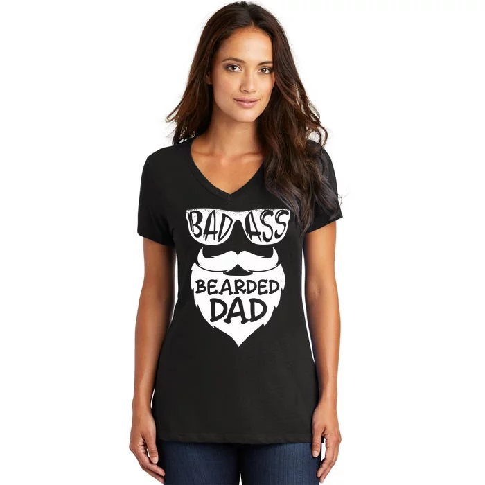 Badass Bearded Dad Shirts Father Papa With Beard Women's V-Neck T-Shirt