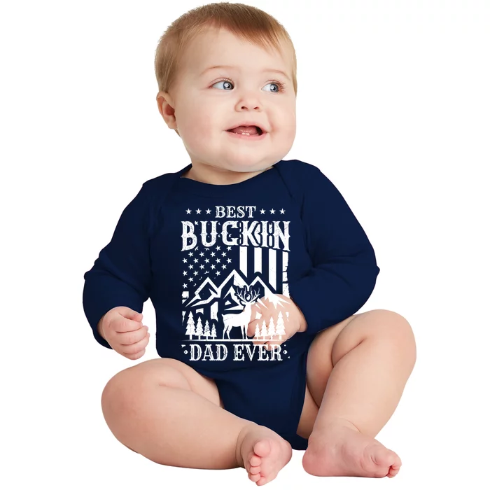 Best Buckin Dad Funny Hunter Father American Flag Gift Baby Long Sleeve Bodysuit