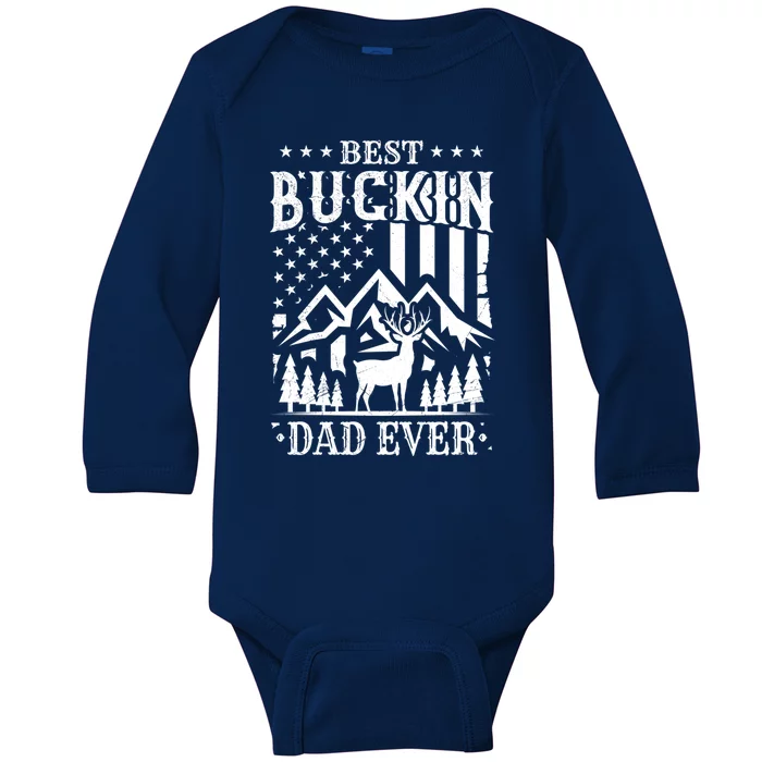 Best Buckin Dad Funny Hunter Father American Flag Gift Baby Long Sleeve Bodysuit