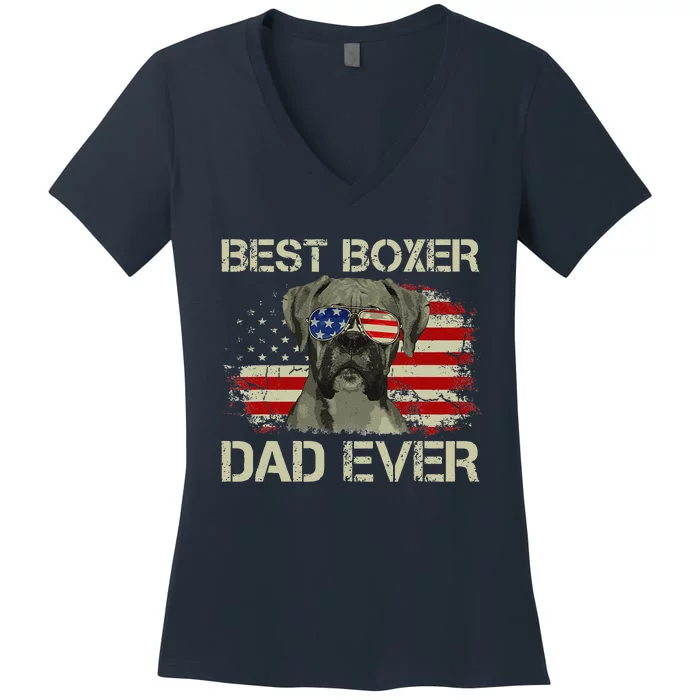 Best Boxer Dad Ever Dog Lover American Flag Gift Women's V-Neck T-Shirt