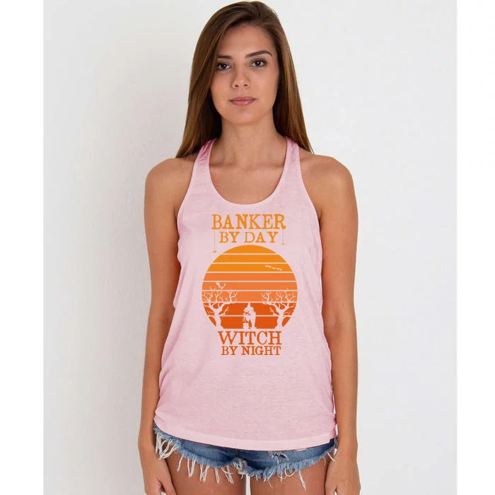 Banker By Day Witch By Night Funny Banking Halloween Retro Gift Women's Knotted Racerback Tank