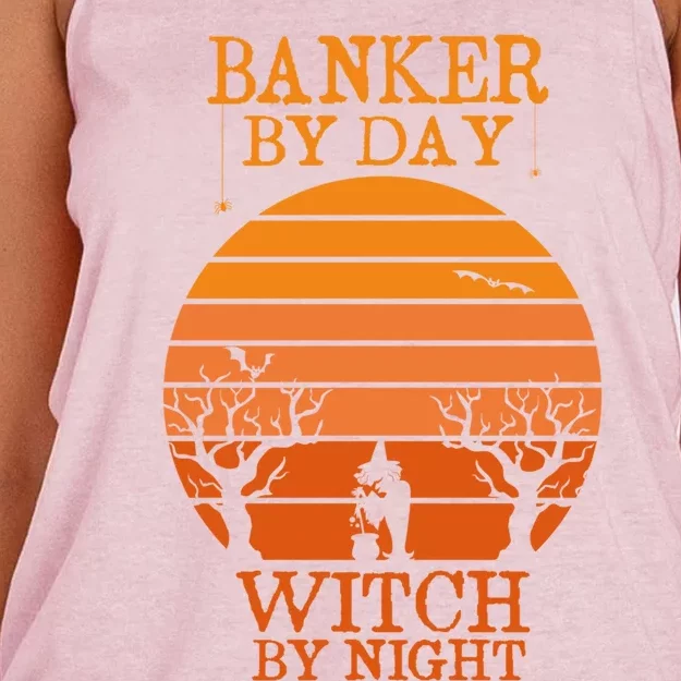 Banker By Day Witch By Night Funny Banking Halloween Retro Gift Women's Knotted Racerback Tank