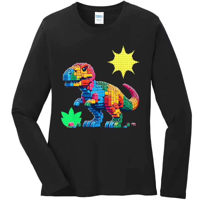 Building Bricks Dinosaur Trex Family Matching Ladies Long Sleeve Shirt