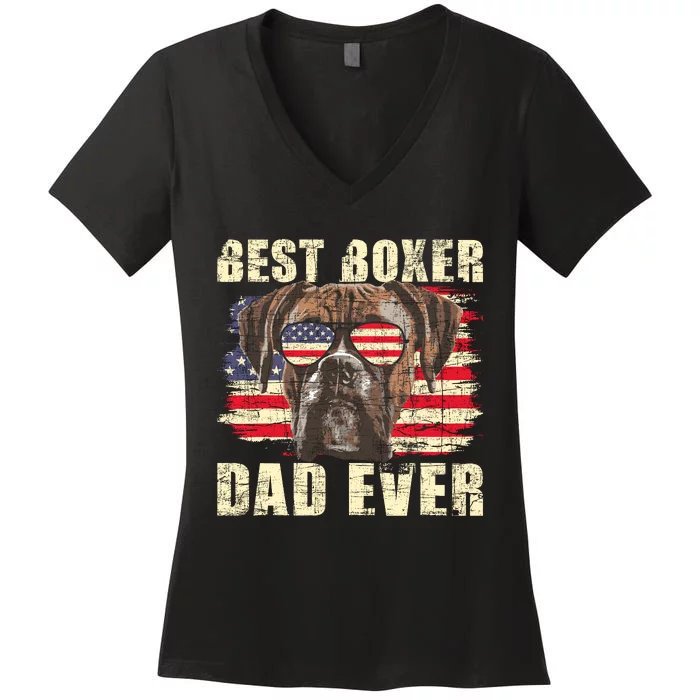 Best Boxer Dad Ever Usa Flag American Dog Animal Lover Women's V-Neck T-Shirt