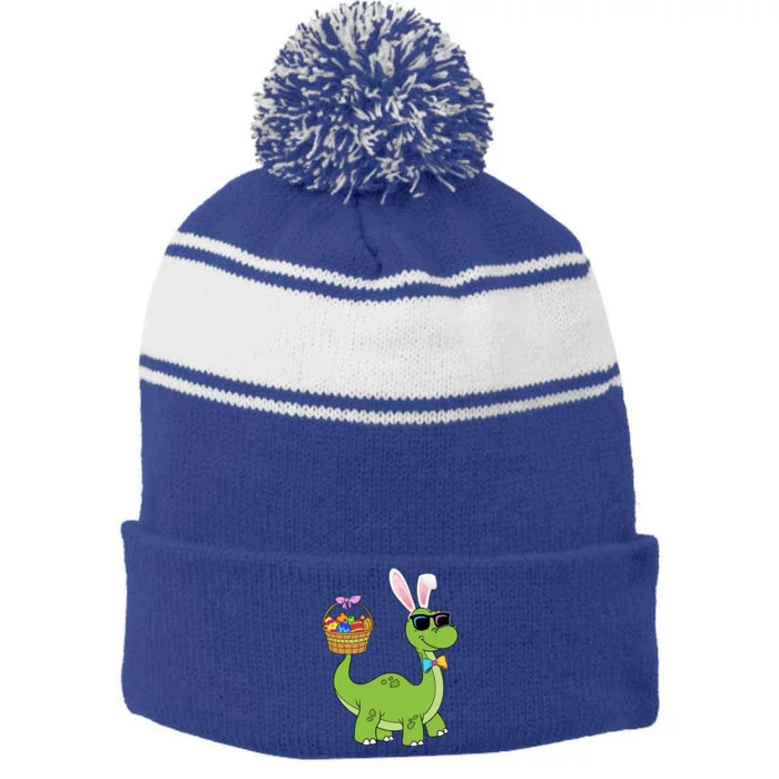 Brontosaurus Bunny Ears Egg Easter Day Dinosaur Dino Cute Gift Stripe Pom Pom Beanie