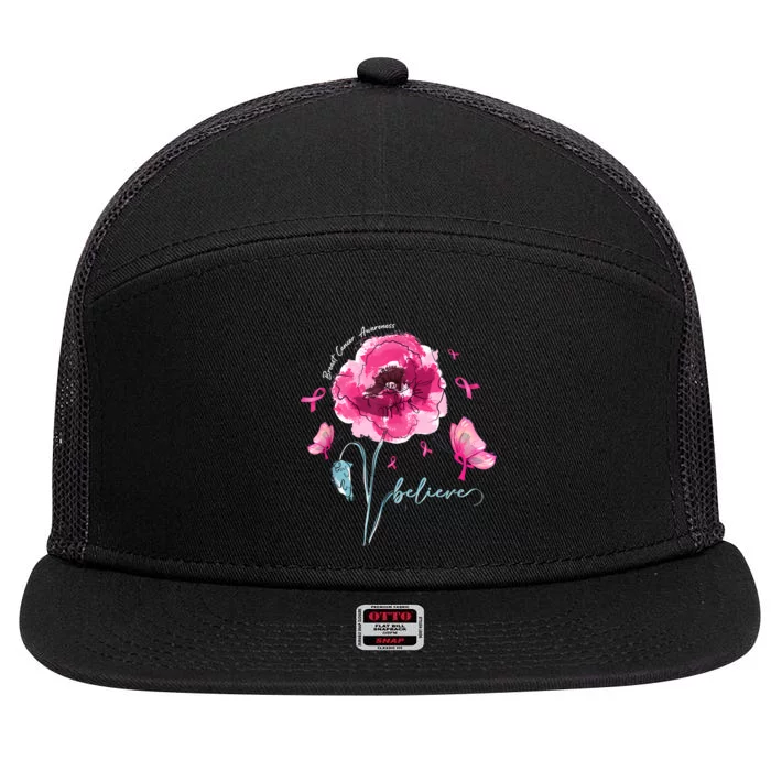 Believe Butterfly Flower Pink Ribbon Breast Cancer Awareness 7 Panel Mesh Trucker Snapback Hat