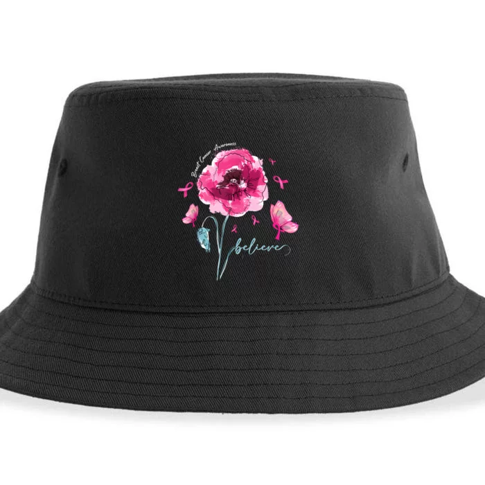 Believe Butterfly Flower Pink Ribbon Breast Cancer Awareness Sustainable Bucket Hat