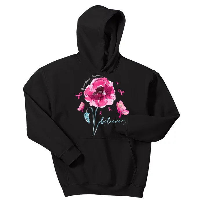 Believe Butterfly Flower Pink Ribbon Breast Cancer Awareness Kids Hoodie