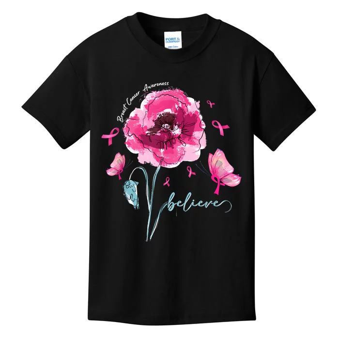 Believe Butterfly Flower Pink Ribbon Breast Cancer Awareness Kids T-Shirt