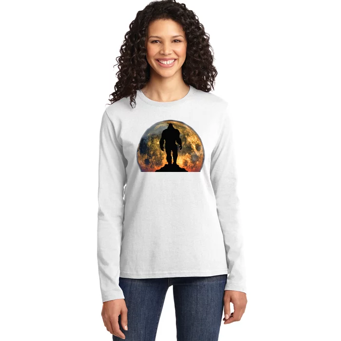 Bigfoot Believer Full Red Moon Night Sasquatch Ladies Long Sleeve Shirt