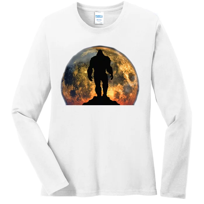 Bigfoot Believer Full Red Moon Night Sasquatch Ladies Long Sleeve Shirt