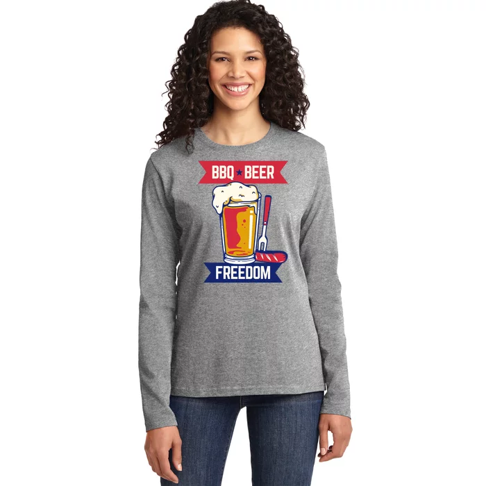 BBQ Beer Freedom America USA Party Summer Ladies Long Sleeve Shirt