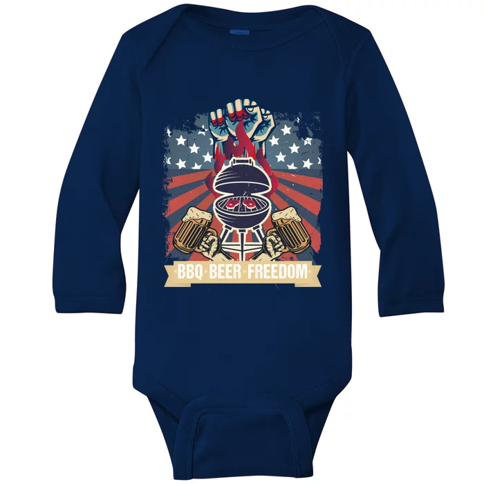 Bbq Beer Freedom Barbecue Lovers Vintage Style Gift Baby Long Sleeve Bodysuit