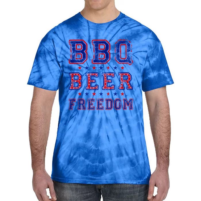 Bbq Beer Freedom Written In Red White And Blue Distressed Gift Tie-Dye T-Shirt