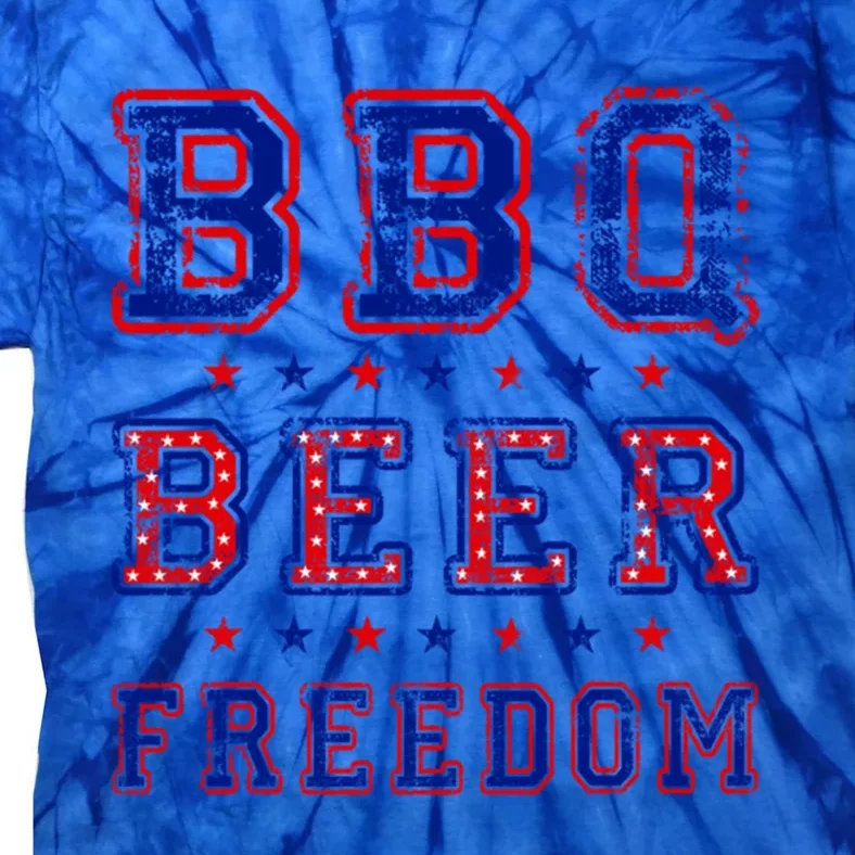 Bbq Beer Freedom Written In Red White And Blue Distressed Gift Tie-Dye T-Shirt