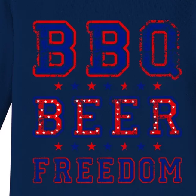 Bbq Beer Freedom Written In Red White And Blue Distressed Gift Baby Long Sleeve Bodysuit