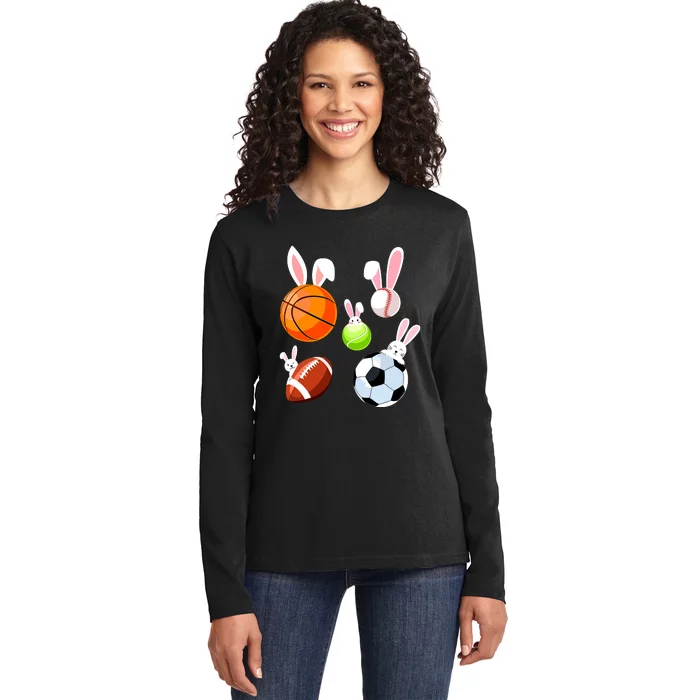 Basketball Baseball Football Soccer Sports Easter Bunny Ladies Long Sleeve Shirt