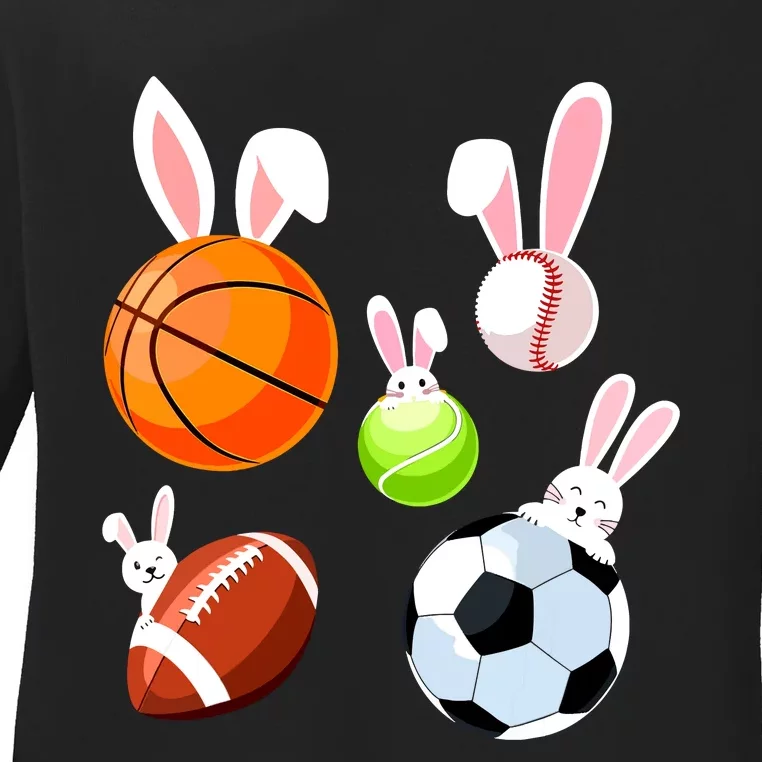 Basketball Baseball Football Soccer Sports Easter Bunny Ladies Long Sleeve Shirt