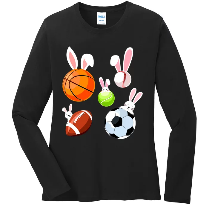 Basketball Baseball Football Soccer Sports Easter Bunny Ladies Long Sleeve Shirt