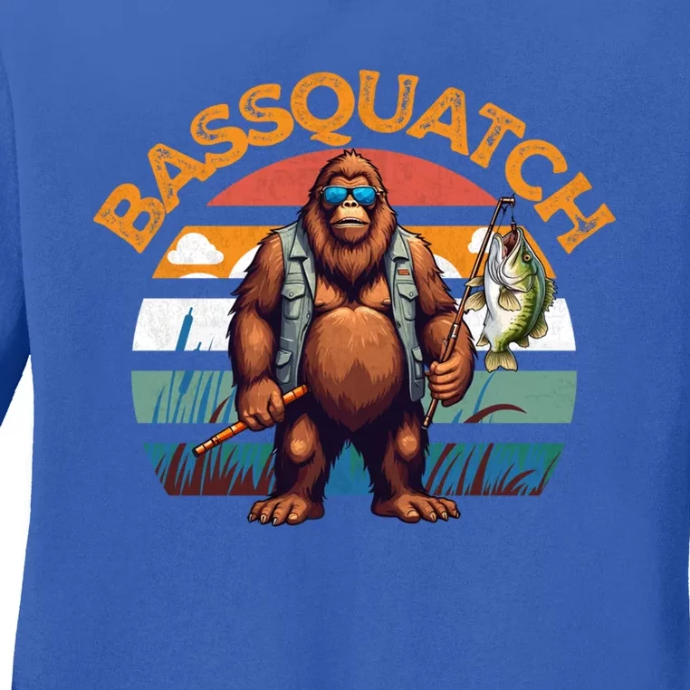 Bassquatch Bigfoot Fishing Rod Largemouth Bass Sasquatch Cute Gift Ladies Long Sleeve Shirt